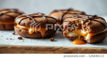 Delicious chocolate cookies filled with creamy caramel and topped with drizzled chocolate on a wooden board 126846111