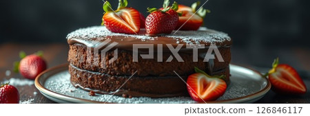Chocolate cake with fresh strawberries and powdered sugar on a wooden table 126846117