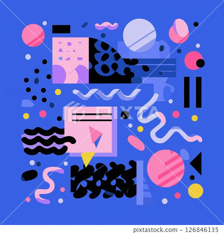 Playful modern abstract illustration with colorful geometric shapes, lines, and dots on a vibrant blue background, ideal for creative design.  126846135