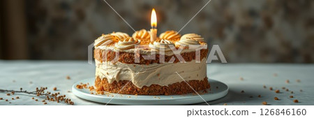 Celebration cake with a candle on a festive table in a cozy setting during a special occasion 126846160