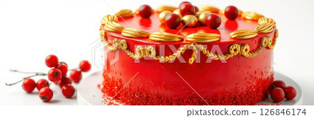Delicious red cake decorated with golden accents and berries for a festive celebration 126846174