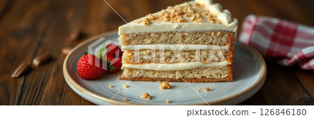 Delicious layered cake with creamy frosting and fresh strawberries on rustic wooden table 126846180