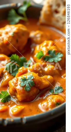 Savory dish with tender dumplings in rich sauce garnished with fresh herbs served on a dark plate 126846193