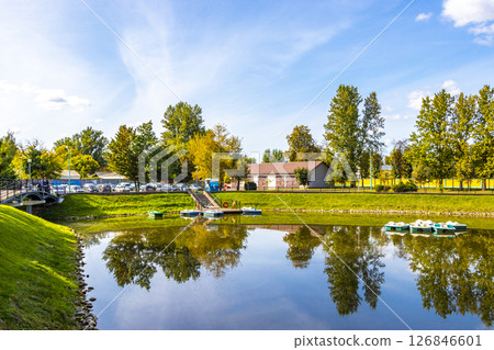 Brest City Park Belarus green nature river lake pond bridge. Brest City Park Belarus green nature river lake pond bridge. 126846601