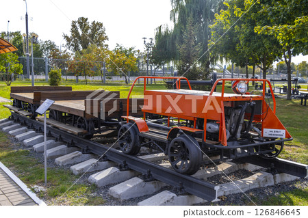 Classic vintage retro train trains steam locomotive railroad equipment Belarus. Classic vintage retro train trains steam locomotive railroad equipment Belarus. 126846645