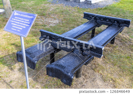 Classic vintage retro train trains steam locomotive railroad equipment Belarus. 126846649