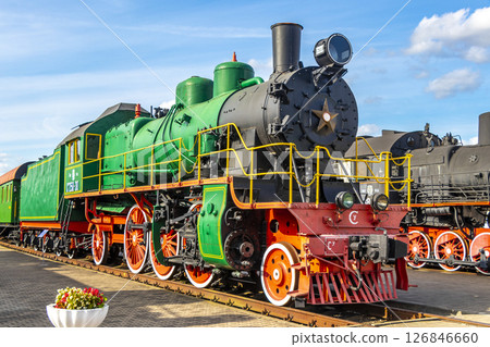 Green classic vintage retro train trains steam locomotive locomotives Belarus. 126846660