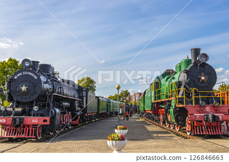 Classic vintage retro train trains steam locomotive locomotives in Belarus. 126846663