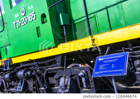 Green classic vintage retro train trains steam locomotive locomotives Belarus. 126846674
