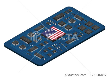 Isometric electronic board with USA flag. Isometric printed circuit board with electronic components. Electronic components and integrated circuit board Isometric electronic board with USA flag. Isometric printed circuit board with electronic components. Electronic components and integrated circuit board 126846897