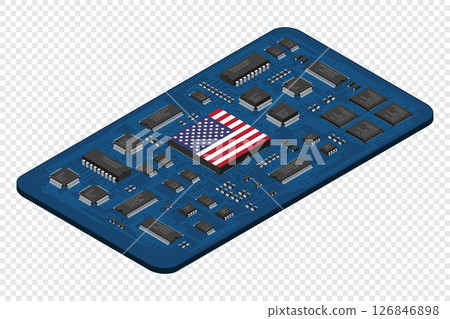 Isometric electronic board with USA flag. Isometric printed circuit board with electronic components. Electronic components and integrated circuit board 126846898
