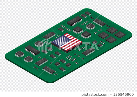 Isometric electronic board with USA flag. Isometric printed circuit board with electronic components. Electronic components and integrated circuit board 126846900