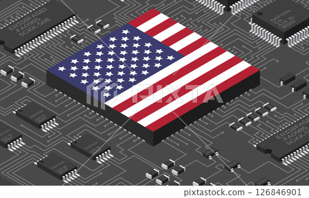 Isometric electronic board with USA flag. Isometric printed circuit board with electronic components. Electronic components and integrated circuit board 126846901