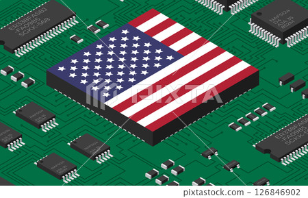 Isometric electronic board with USA flag. Isometric printed circuit board with electronic components. Electronic components and integrated circuit board 126846902