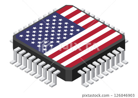 Microchip computer electronic component with USA flag. Microchip icon. Isometric microchip. Computer processor technology. Microprocessor Microchip computer electronic component with USA flag. Microchip icon. Isometric microchip. Computer processor technology. Microprocessor 126846903