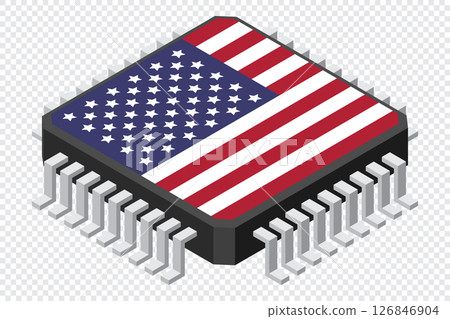 Microchip computer electronic component with USA flag. Microchip icon. Isometric microchip. Computer processor technology. Microprocessor 126846904