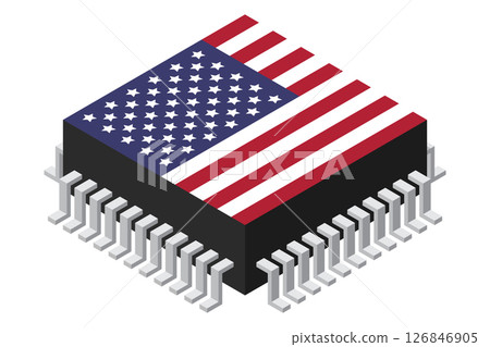 Microchip computer electronic component with USA flag. Microchip icon. Isometric microchip. Computer processor technology. Microprocessor 126846905