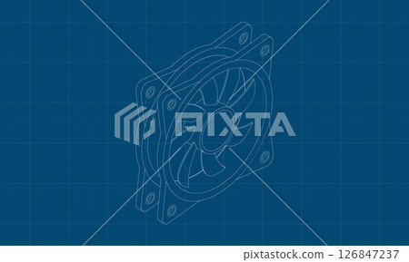 Isometric computer fan blueprint. Computer fan cooler. Isometric of PC case fan. Computer hardware components. Vector illustration 126847237