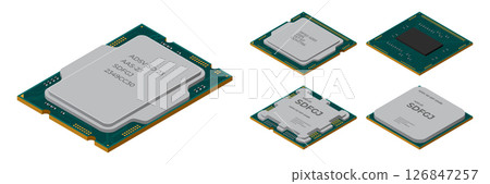 Set of isometric processor. Central processing unit or CPU. Computer hardware components. Semiconductor technology concept. Vector illustration 126847257