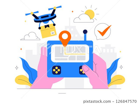 Courier or Delivery Service Vector Illustration Featuring Workers Delivering Goods Such as Food or Documents in Cardboard Package Boxes in Background Courier or Delivery Service Vector Illustration Featuring Workers Delivering Goods Such as Food or Documents in Cardboard Package Boxes in Background 126847570