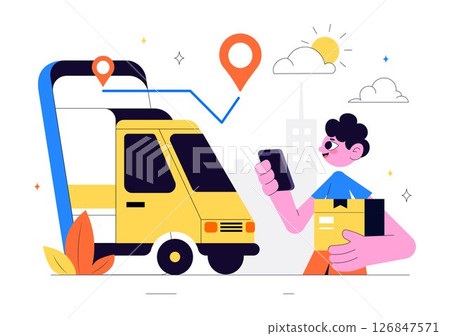 Courier or Delivery Service Vector Illustration Featuring Workers Delivering Goods Such as Food or Documents in Cardboard Package Boxes in Background Courier or Delivery Service Vector Illustration Featuring Workers Delivering Goods Such as Food or Documents in Cardboard Package Boxes in Background 126847571