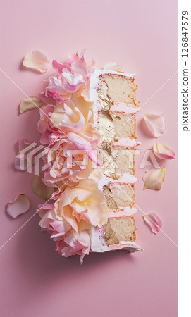 A top view of a sliced loaf cake with floral icing and delicate pink petals over a soft monochrome pink background.  126847579
