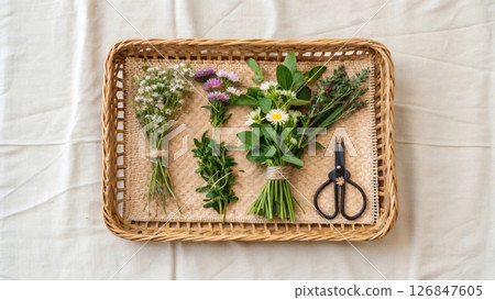 Assorted herb and flower bundles with scissors on woven tray on fabric surface.  126847605