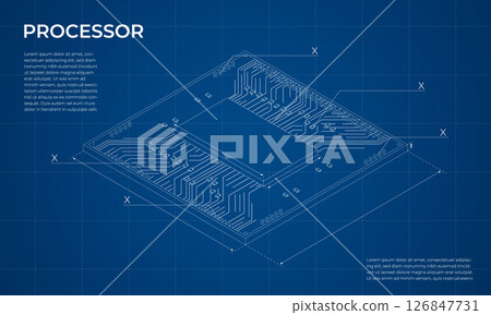 Isometric processor blueprint. Central processing unit or CPU. Computer hardware components. Semiconductor technology concept. Vector illustration Isometric processor blueprint. Central processing unit or CPU. Computer hardware components. Semiconductor technology concept. Vector illustration 126847731