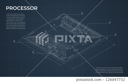 Isometric processor blueprint. Central processing unit or CPU. Computer hardware components. Semiconductor technology concept. Vector illustration Isometric processor blueprint. Central processing unit or CPU. Computer hardware components. Semiconductor technology concept. Vector illustration 126847732