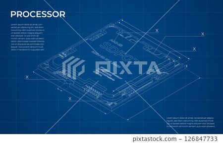 Isometric processor blueprint. Central processing unit or CPU. Computer hardware components. Semiconductor technology concept. Vector illustration Isometric processor blueprint. Central processing unit or CPU. Computer hardware components. Semiconductor technology concept. Vector illustration 126847733