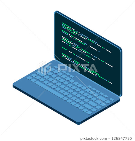 Isometric Laptop. 3d isometric laptop computer. Abstract programming language and program code on a laptop screen. Vector illustration 126847750