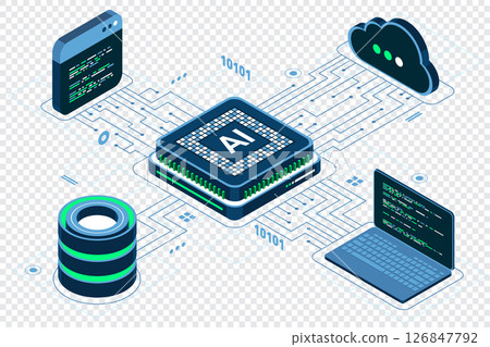 Isometric artificial intelligence chip concept. Artificial Intelligence server. Futuristic microchip processor. Isometric cloud computing. Isometric technology 126847792
