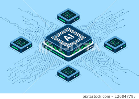 Isometric artificial intelligence chip concept. Artificial intelligence concept. Futuristic microchip processor. Isometric technology 126847793