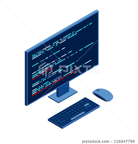 Isometric monitor with program code on screen. Computer programming with keyboard and mouse. Programming concept. Web development. Isometric technology 126847799