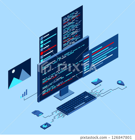 Computer technology isometric illustration. Desktop computer platforms. Software programming coding concept. Code with computer monitor. Isometric technology Computer technology isometric illustration. Desktop computer platforms. Software programming coding concept. Code with computer monitor. Isometric technology 126847801