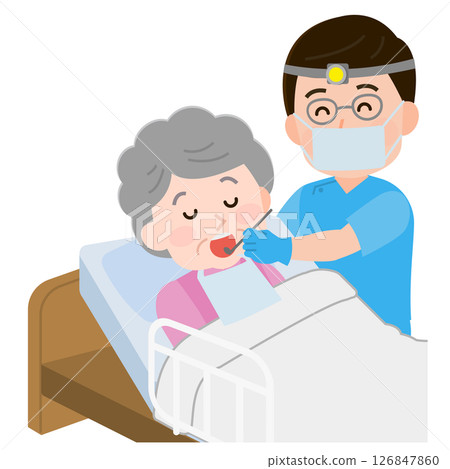 Visiting dentist: A male dentist making a house call and an elderly female patient, illustration 126847860