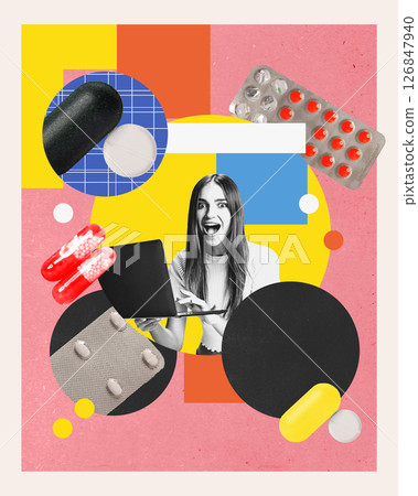 Retro pixel artwork. Virtual prescription shows excited woman reacting to digital meds notification with pills floating around. 126847940