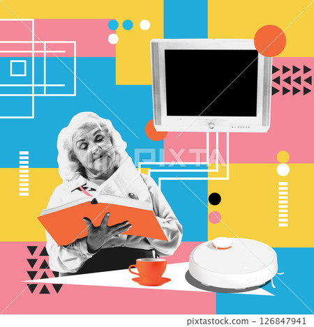 Conceptual art collage. Invisible help shows elderly woman reading near TV while robot vacuum cleans in colorful backdrop. Retro pixel art 126847941