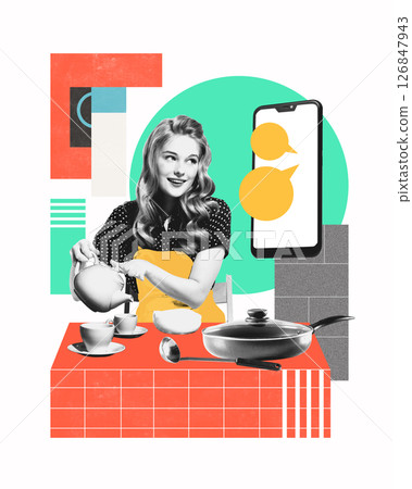 Conceptual pixel art collage. Smart kitchen voice command shows woman pouring tea while talking to phone at cozy table with pan and cups 126847943