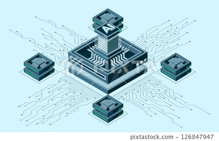 Isometric artificial intelligence chip concept. Artificial intelligence concept. Futuristic microchip processor. Isometric technology Isometric artificial intelligence chip concept. Artificial intelligence concept. Futuristic microchip processor. Isometric technology 126847947