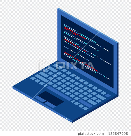 Isometric Laptop. 3d isometric laptop computer. Abstract programming language and program code on a laptop screen. Isometric technology Isometric Laptop. 3d isometric laptop computer. Abstract programming language and program code on a laptop screen. Isometric technology 126847998