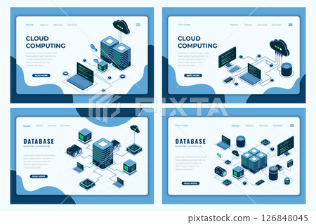 Set of isometric landing page template. Modern technology concept for cloud computing and database technology. Isometric technology 126848045