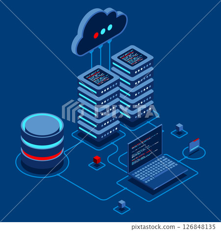 Cloud technology computing concept. Modern cloud technology. Data center isometric concept. Isometric cloud technology with datacenter. Web hosting concept. Isometric technology 126848135