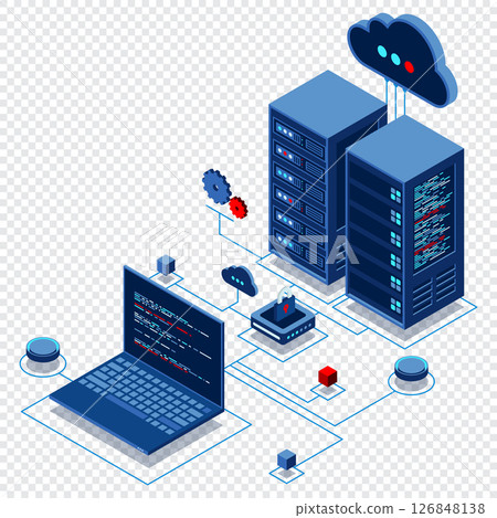 Cyber data security. Internet security isometric concept. Server room connected with laptop through protected hub. Computing internet digital technology. Isometric technology 126848138