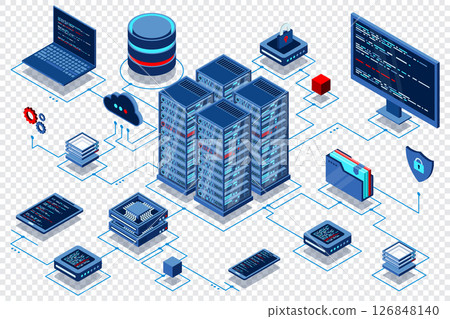 Computation of big data center. Cloud computing. Online devices upload and download information. Isometric technology 126848140