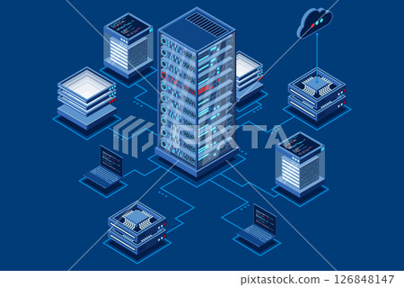Computation of big data center. Cloud computing. Online devices upload and download information. Isometric technology 126848147