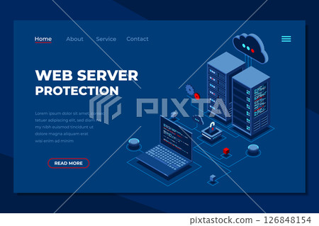Web server protection isometric landing page. Cloud security and data protection. Cyber data security. Data protection concept. Isometric technology 126848154