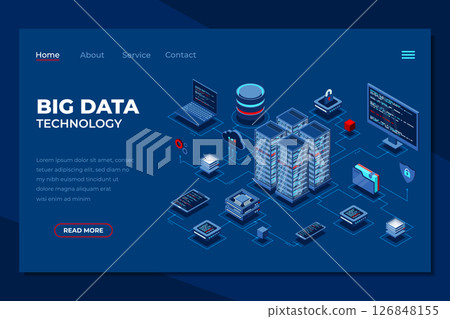 Big data technology isometric landing page. Information storage and analysis system. Cloud database service. Isometric technology Big data technology isometric landing page. Information storage and analysis system. Cloud database service. Isometric technology 126848155