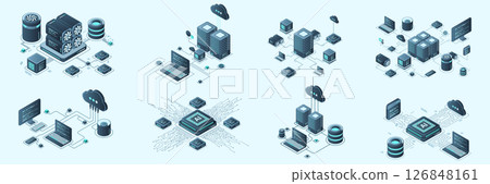 Set of isometric modern technology concept for cloud computing, Datacenter, Database, artificial intelligence, and blockchain technology. Isometric technology Set of isometric modern technology concept for cloud computing, Datacenter, Database, artificial intelligence, and blockchain technology. Isometric technology 126848161