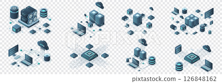 Set of isometric modern technology concept for cloud computing, Datacenter, Database, artificial intelligence, and blockchain technology. Isometric technology 126848162